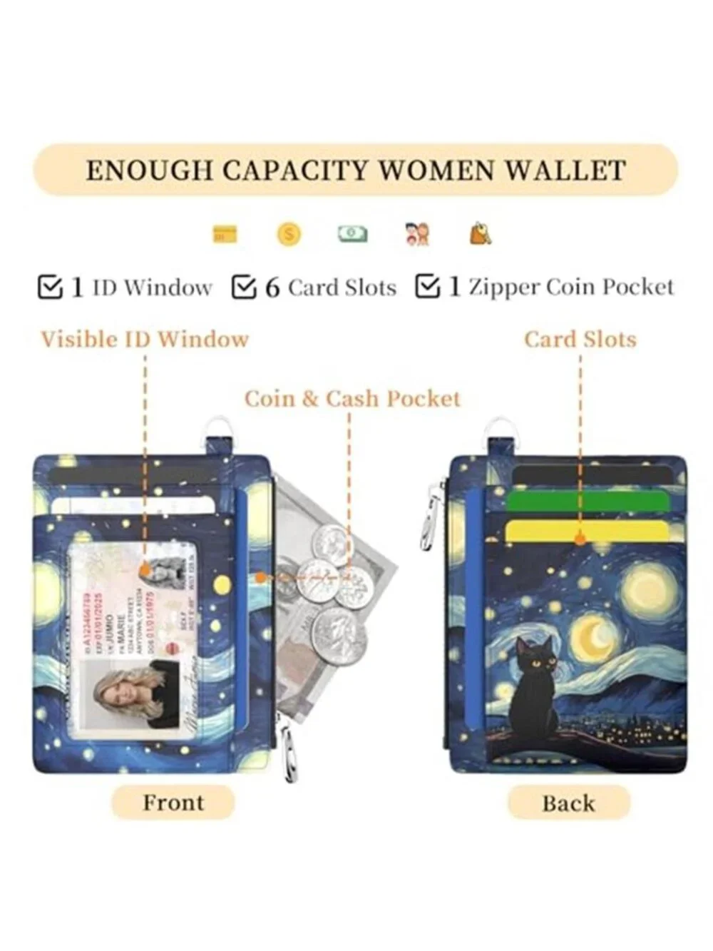 Black Cat Starry Night RFID Card Holder Wallet Coin Purse Keychain Slim Case